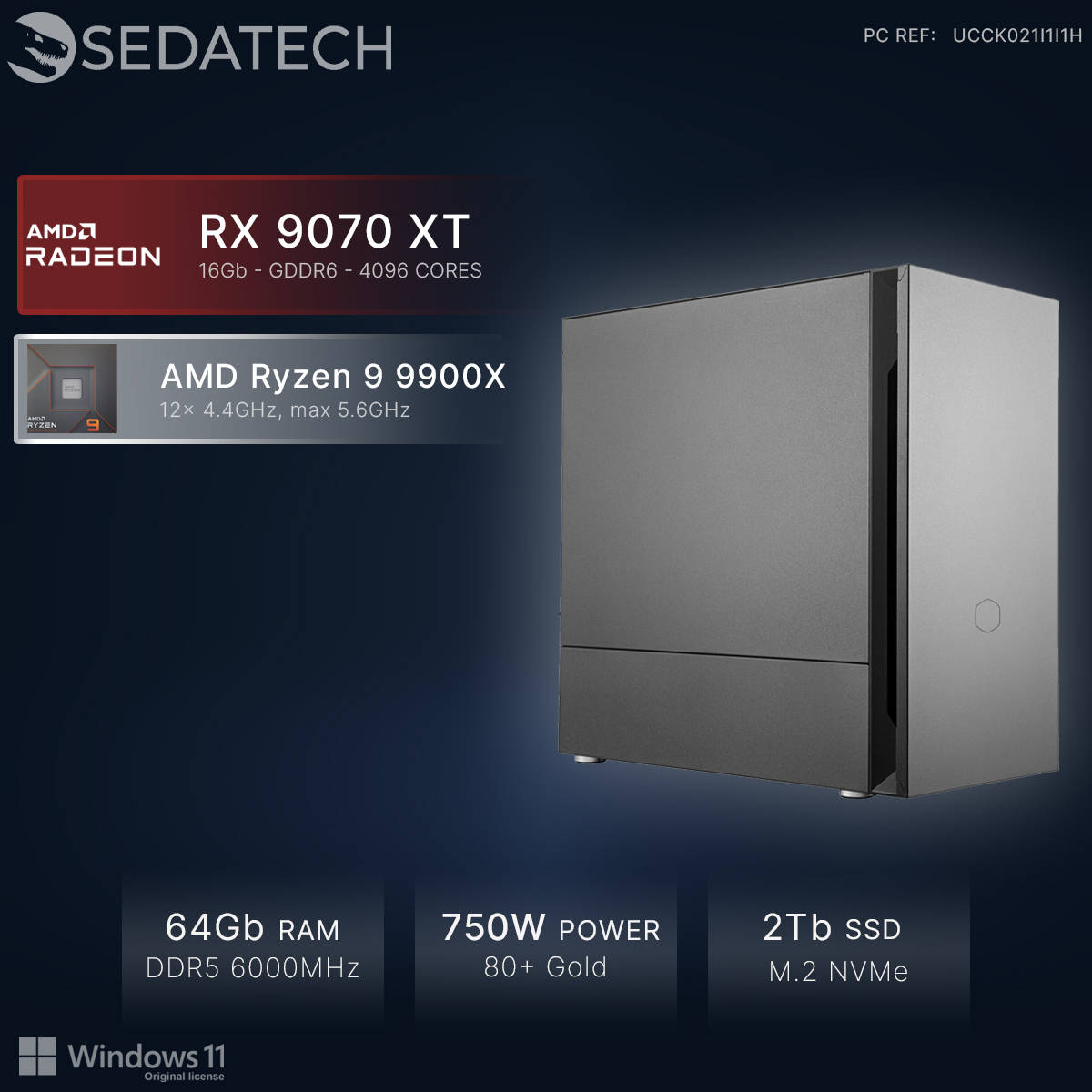Moderne pc met AMD RX 9070 XT, Ryzen 9, 64GB RAM, 750W voeding.