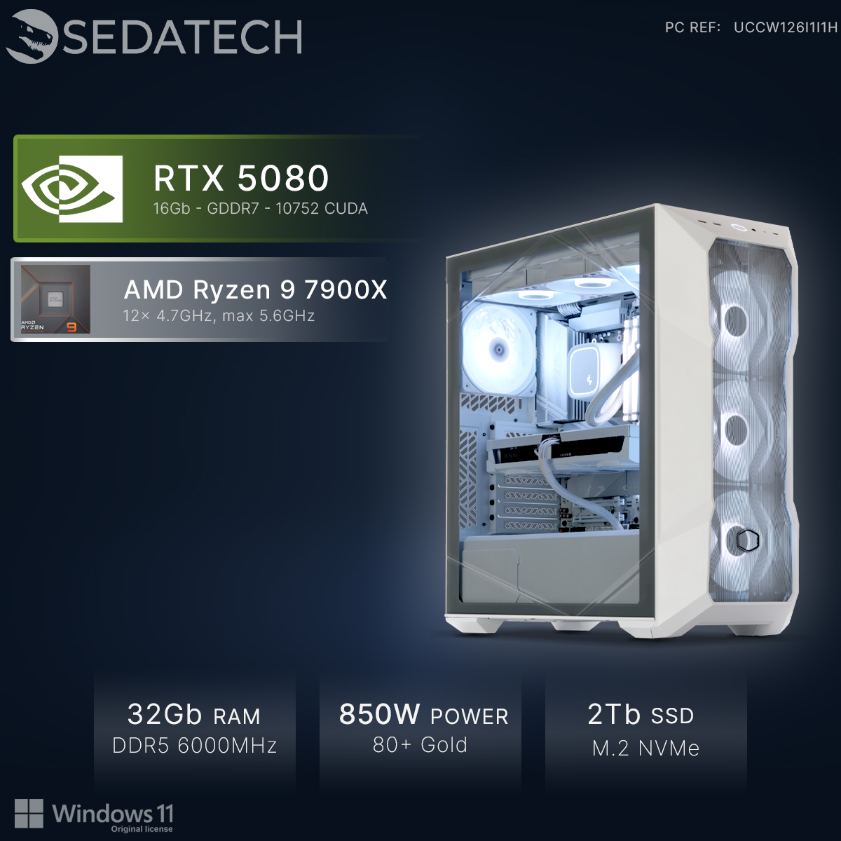 Un PC bianco con RTX 5080, Ryzen 9, 32GB RAM, alimentatore 850W.