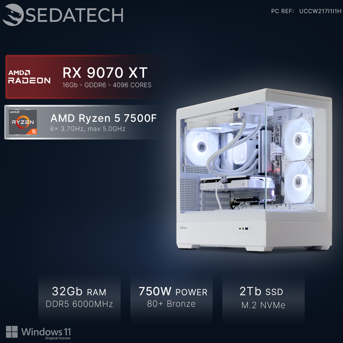 PC bianco con ventole RGB, Ryzen 5 7500F, RX 9070 XT, 32GB RAM, 750W.