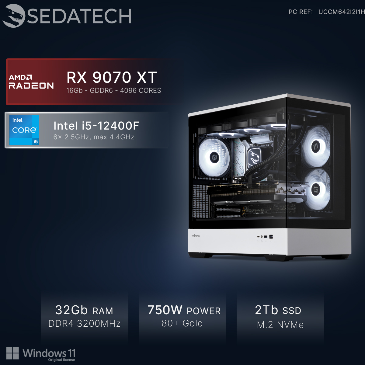 Un PC con AMD RX 9070 XT, Intel i5-12400F, 32GB RAM, fuente 750W.