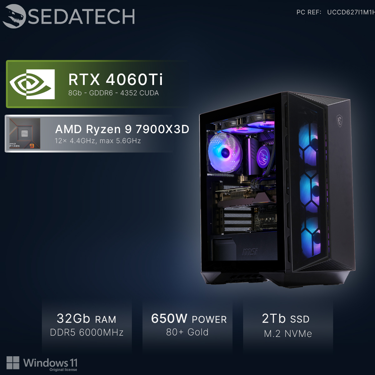 Ein Gaming-PC mit RTX 4060Ti, Ryzen 9, 32GB RAM, 650W Netzteil und 2TB SSD.