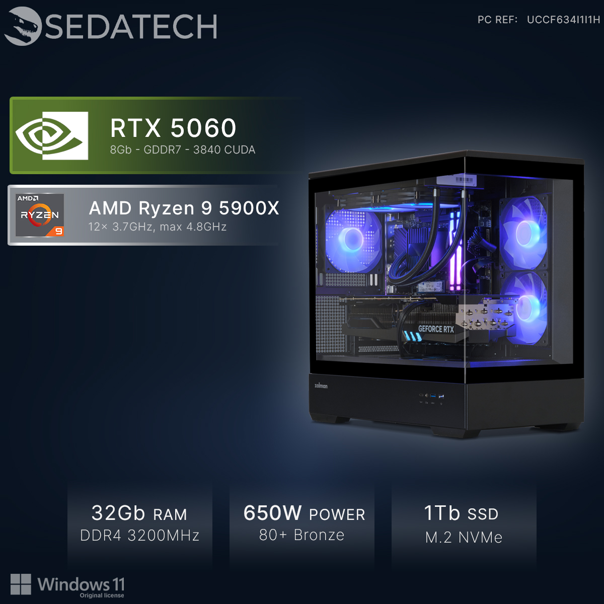 Ein PC mit RTX 5060, Ryzen 9 CPU, 32GB RAM, 650W Netzteil und 1TB SSD.
