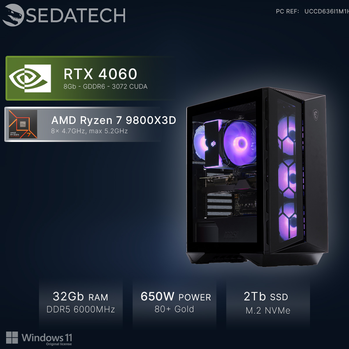 Un PC gaming con RTX 4060, AMD Ryzen 7, 32GB RAM, 650W e SSD da 2TB.