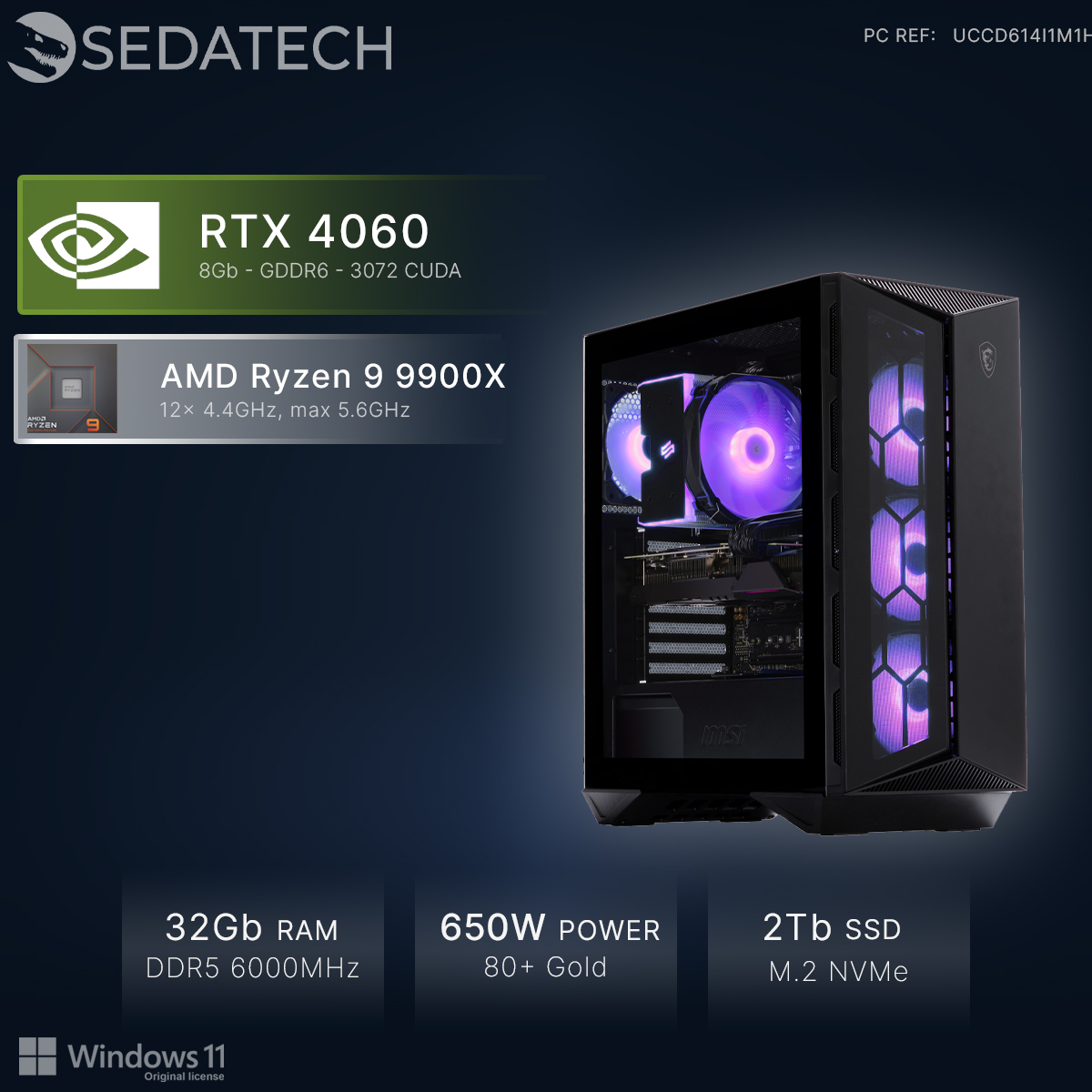 Un PC gaming con RTX 4060, Ryzen 9 9900X, 32GB RAM, 650W, SSD 2TB.