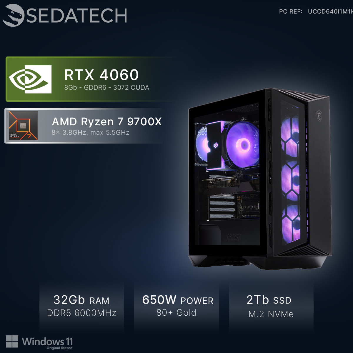 PC gaming con RTX 4060, Ryzen 7 9700X, 32GB RAM, 650W, SSD 2TB.