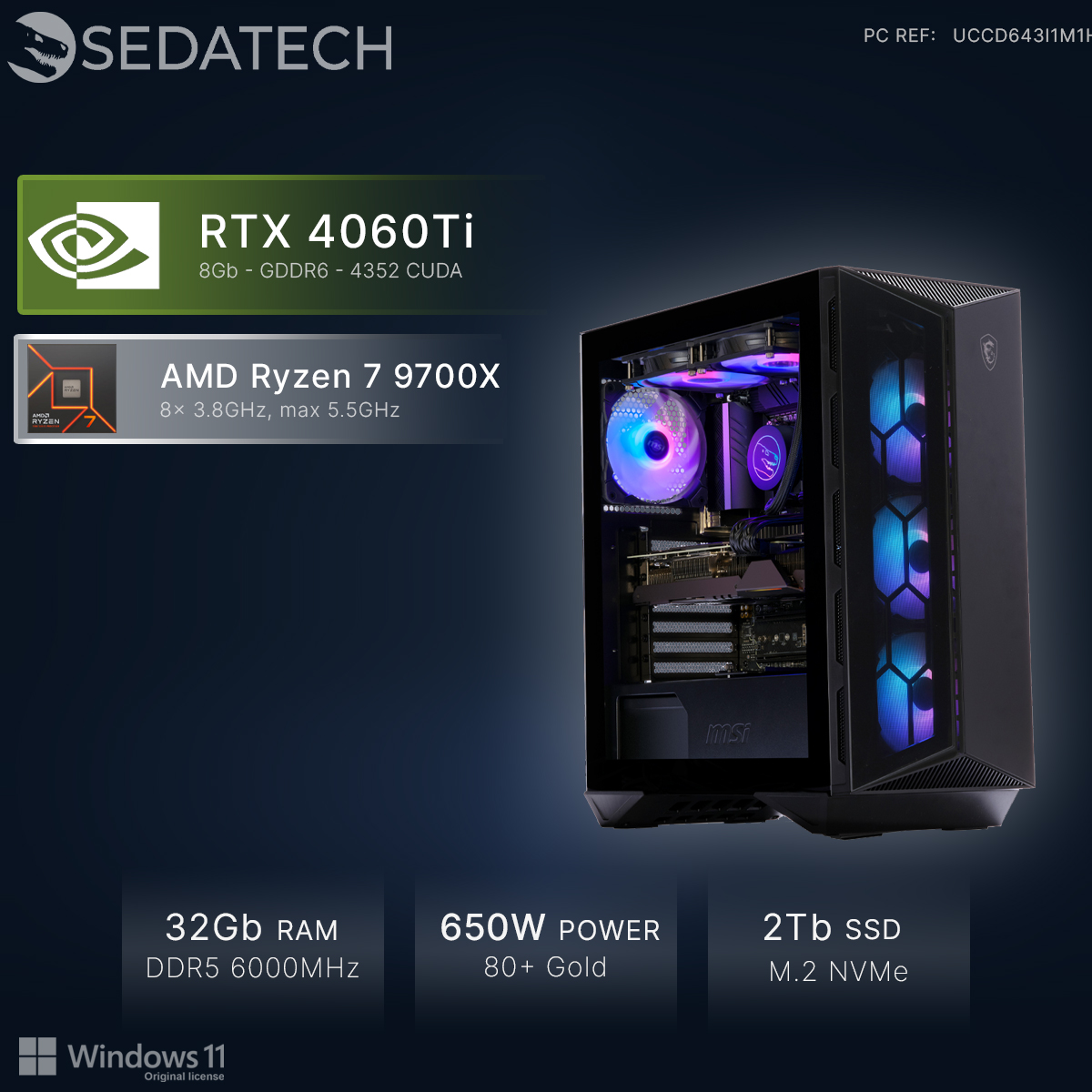 PC con RTX 4060Ti, Ryzen 7 9700X, 32GB RAM, PSU 650W, SSD 2TB e Windows 11.