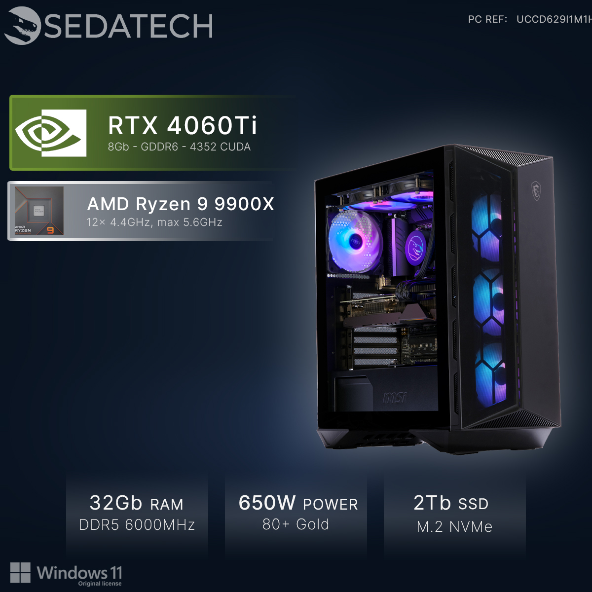 Ein Gaming-PC mit RTX 4060Ti, Ryzen 9 9900X, 32GB RAM, 650W Netzteil, 2TB SSD.