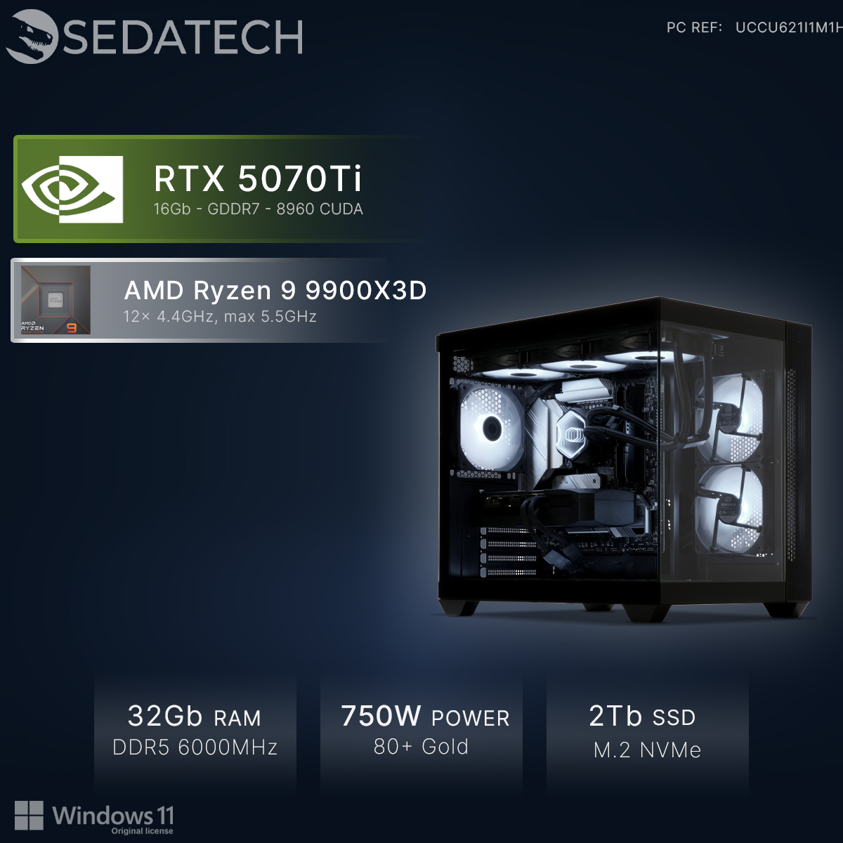 Un PC gaming con RTX 5070Ti, Ryzen 9 9900X3D, 32GB RAM, PSU 750W, SSD 2TB.