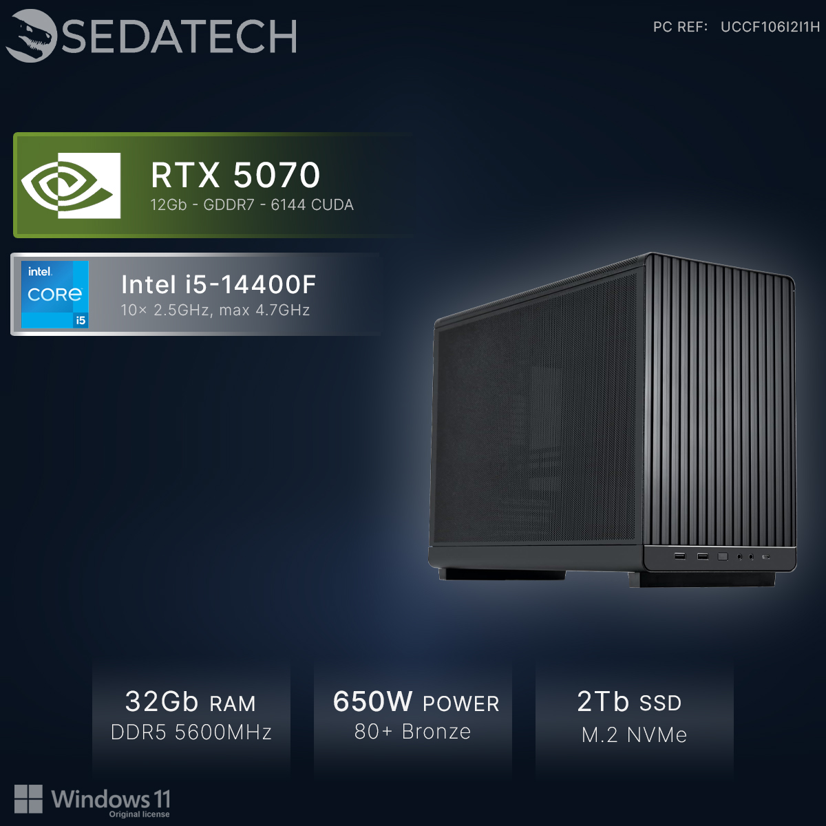Czarna obudowa PC z RTX 5070, Intel i5-14400F, 32 GB RAM, 650W.
