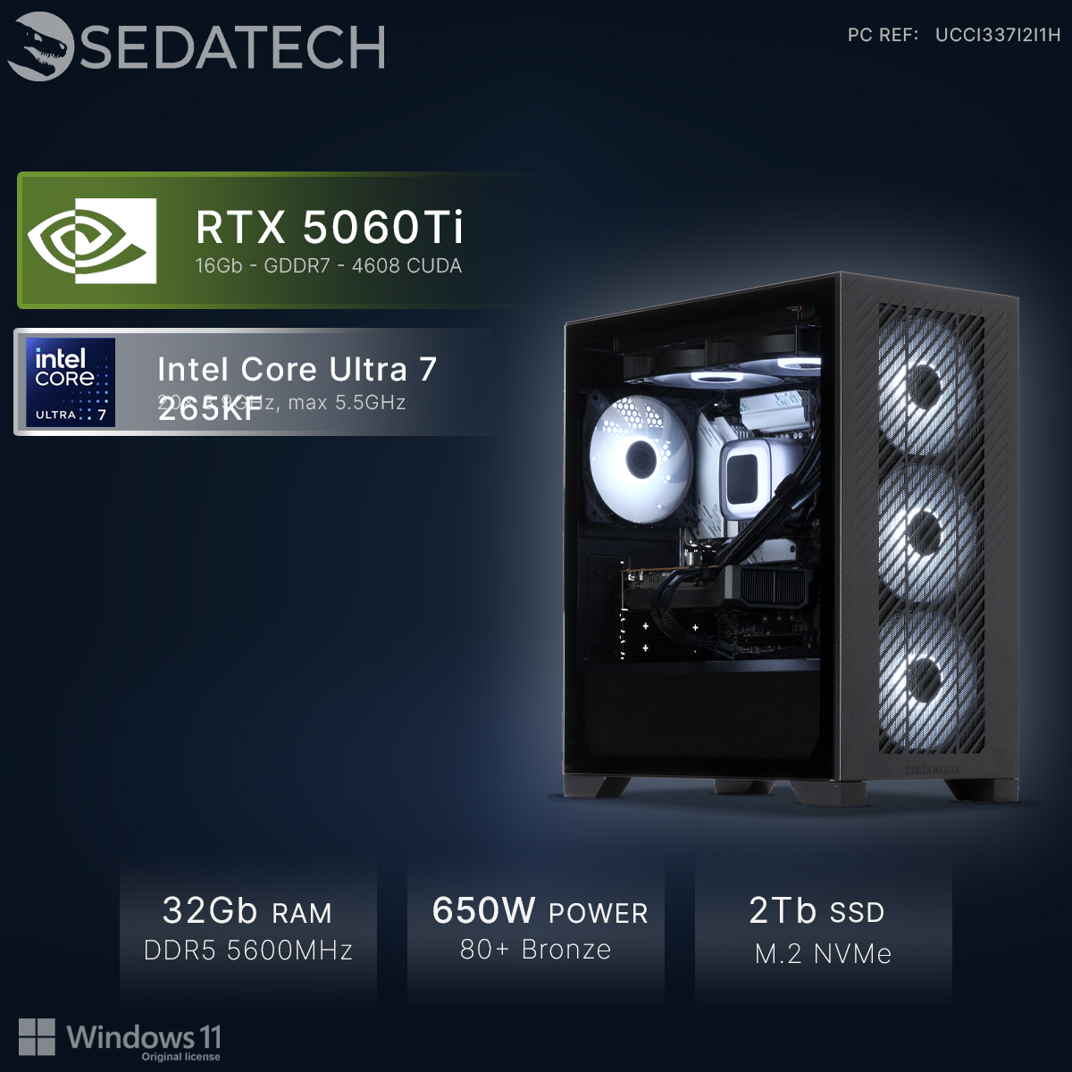 PC mit Intel Core Ultra 7, RTX 5060Ti, 32GB RAM, 650W Netzteil, 2TB SSD.