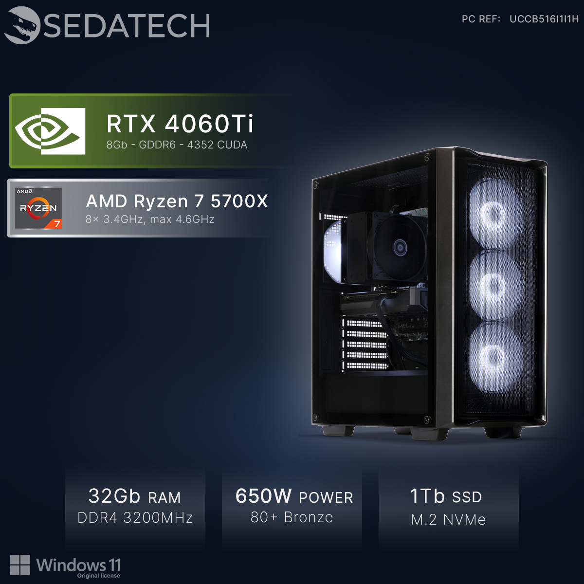 PC gamingowy z RTX 4060Ti, Ryzen 7 5700X, 32GB RAM, zasilacz 650W, SSD 1TB.
