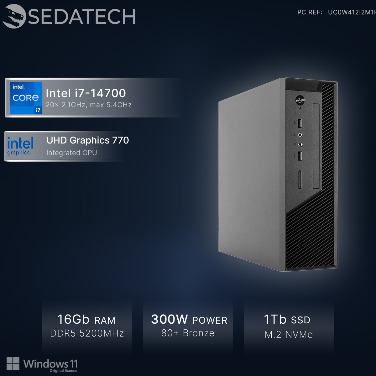 PC Sedatech con CPU Intel i7-14700, grafica UHD 770, 16GB RAM, alimentatore 300W.