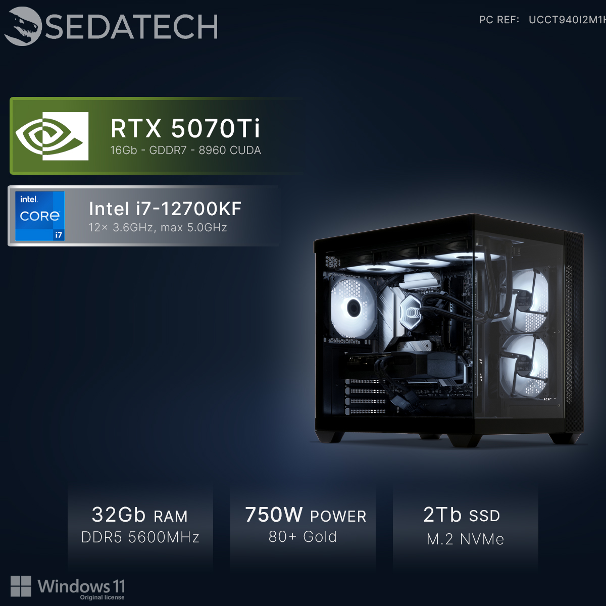 Un PC potente con RTX 5070Ti, Intel i7, 32 GB RAM, alimentatore 750W.
