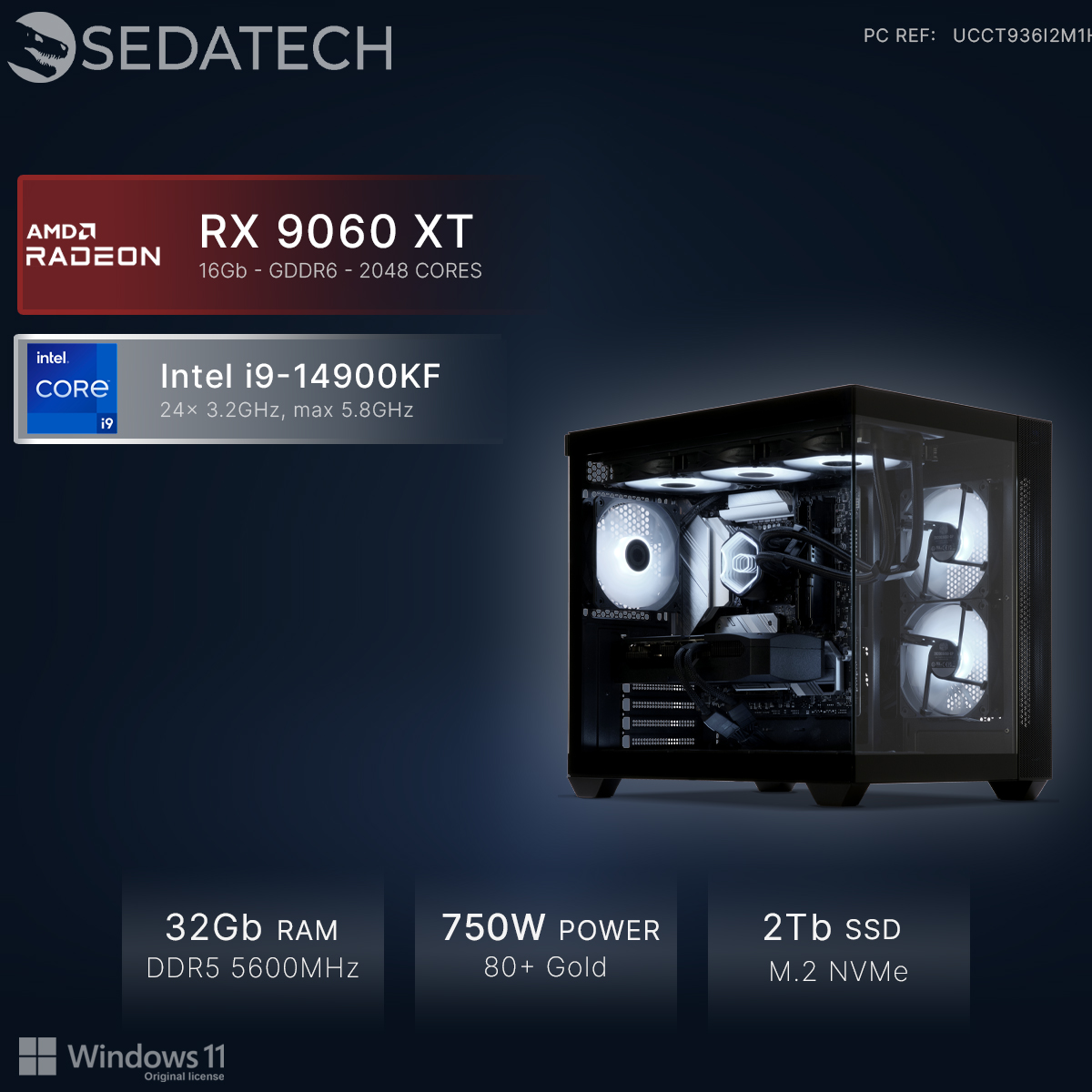 PC con Intel i9 e AMD RX 9060 XT, 32GB RAM, PSU 750W, SSD 2TB.