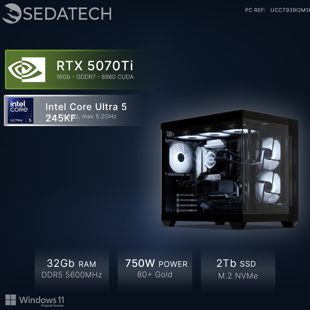 Gaming-PC mit RTX 5070Ti, Intel Core Ultra 5, 32GB RAM, 750W Netzteil, 2TB SSD.