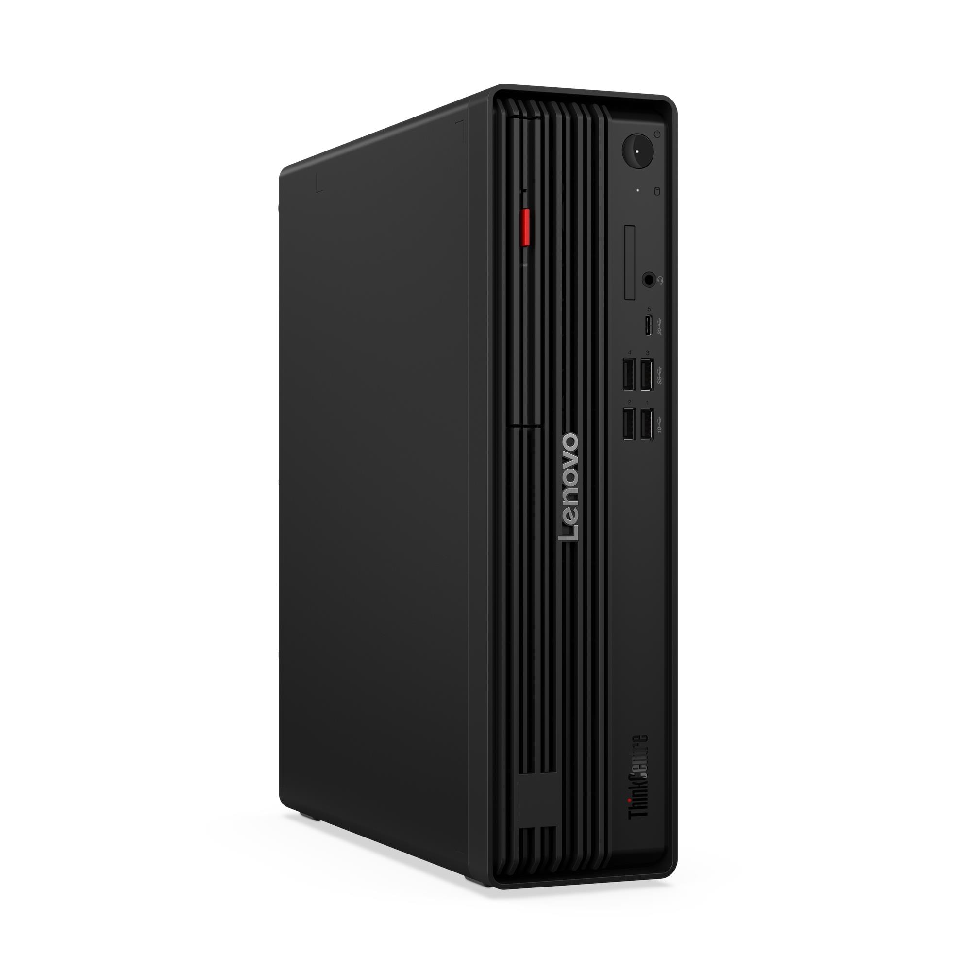 PC desktop Lenovo ThinkCentre nero con prese d'aria verticali e porte frontali.