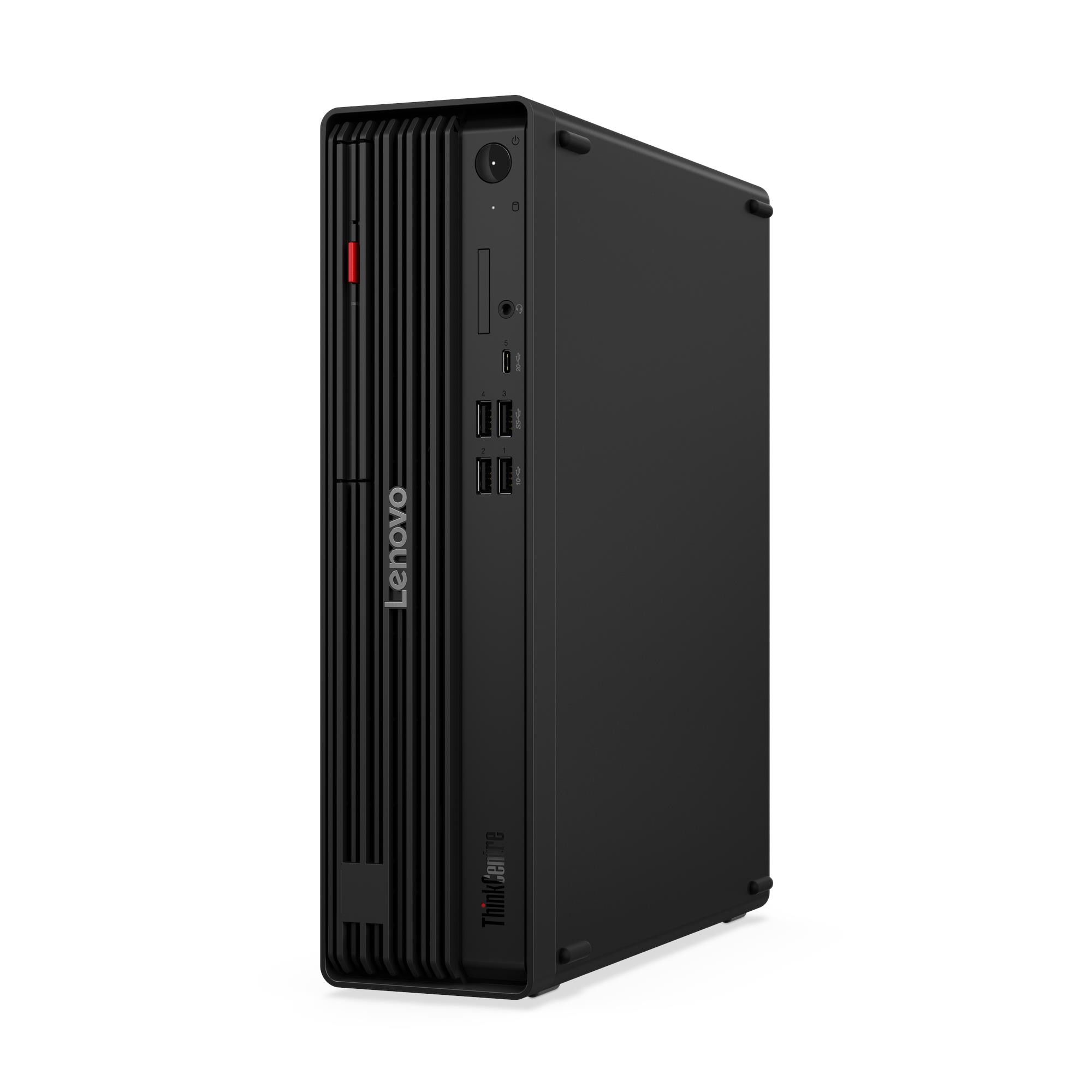 PC desktop Lenovo ThinkCentre nero con prese d'aria verticali e accento rosso.
