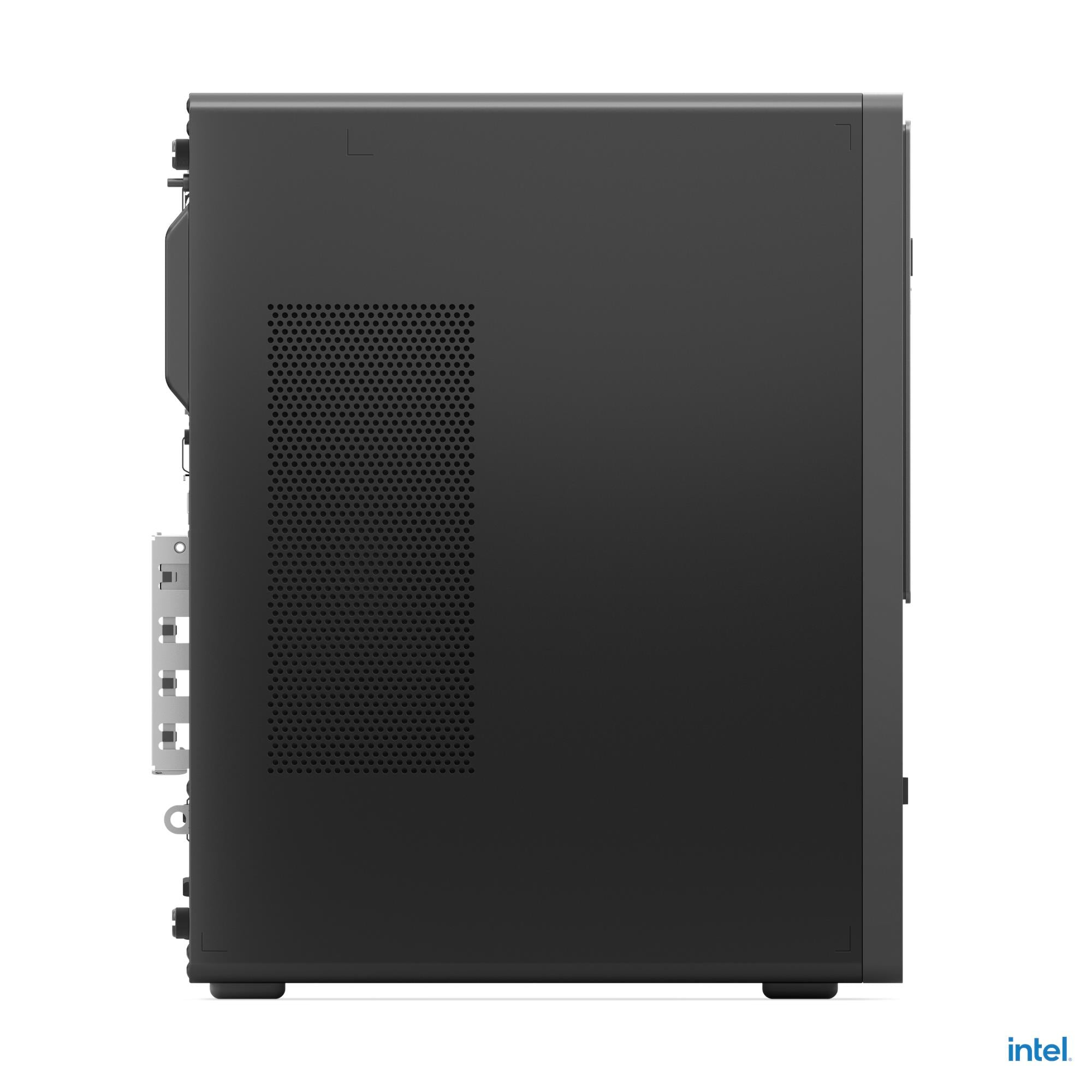 Case del computer nero di profilo con griglia di ventilazione e porte.