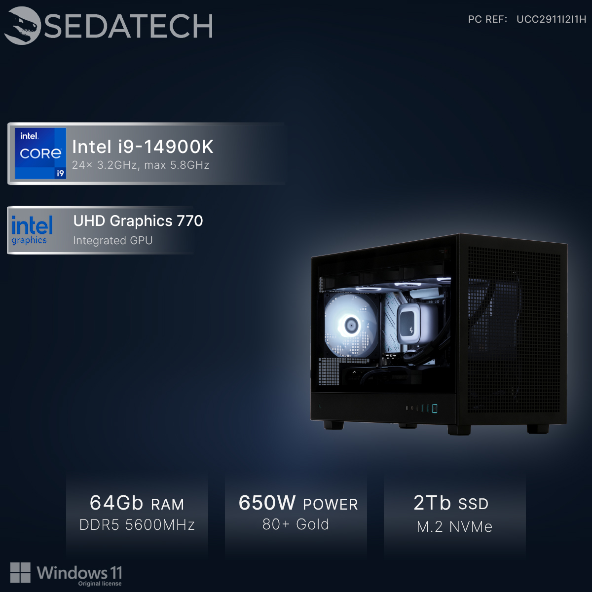 Een zwarte pc met Intel i9, 64GB RAM, 650W voeding en 2TB SSD.