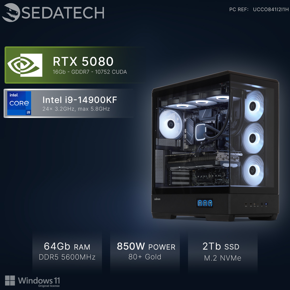 Une tour PC noire avec ventilateurs RGB, RTX 5080, Intel i9 et 64 Go de RAM.