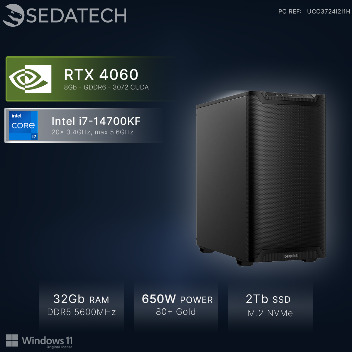 Un PC nero con RTX 4060, Intel i7, 32GB RAM, 650W, SSD 2TB.