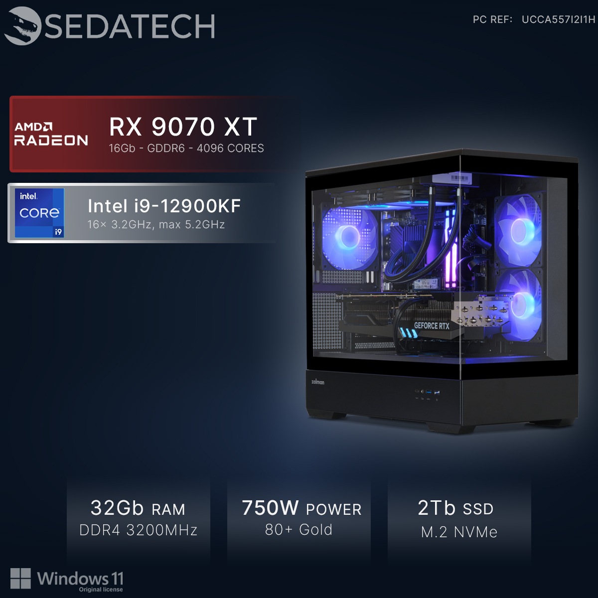 Ein Gaming-PC mit AMD RX 9070 XT, Intel i9, 32GB RAM, 750W, 2TB SSD.