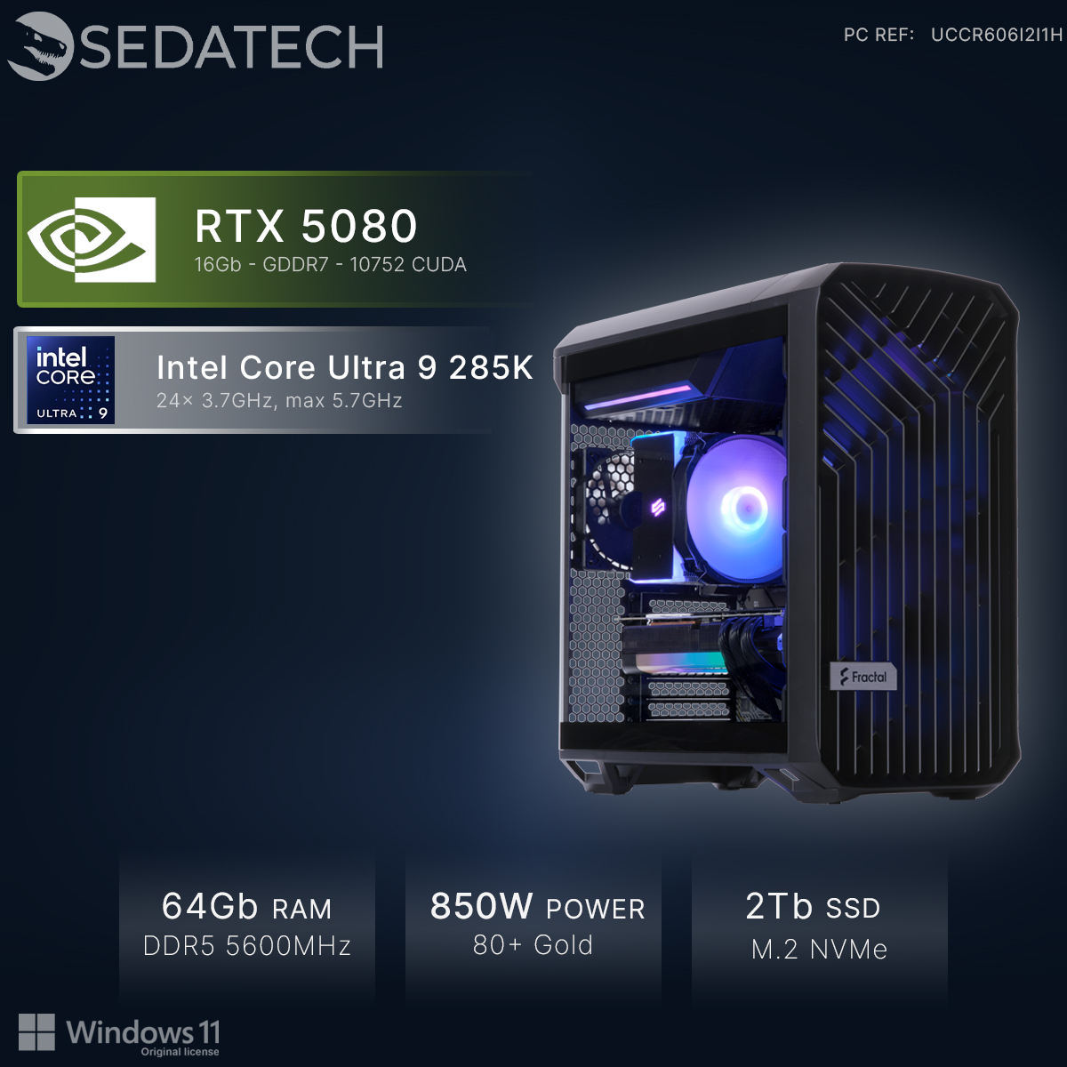 Ein leistungsstarker PC mit RTX 5080, Intel Core Ultra 9, 64 GB RAM und 2 TB SSD.