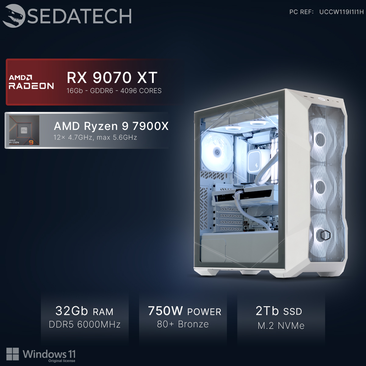 PC bianco con ventole RGB, AMD Radeon RX 9070 XT, Ryzen 9 7900X.
