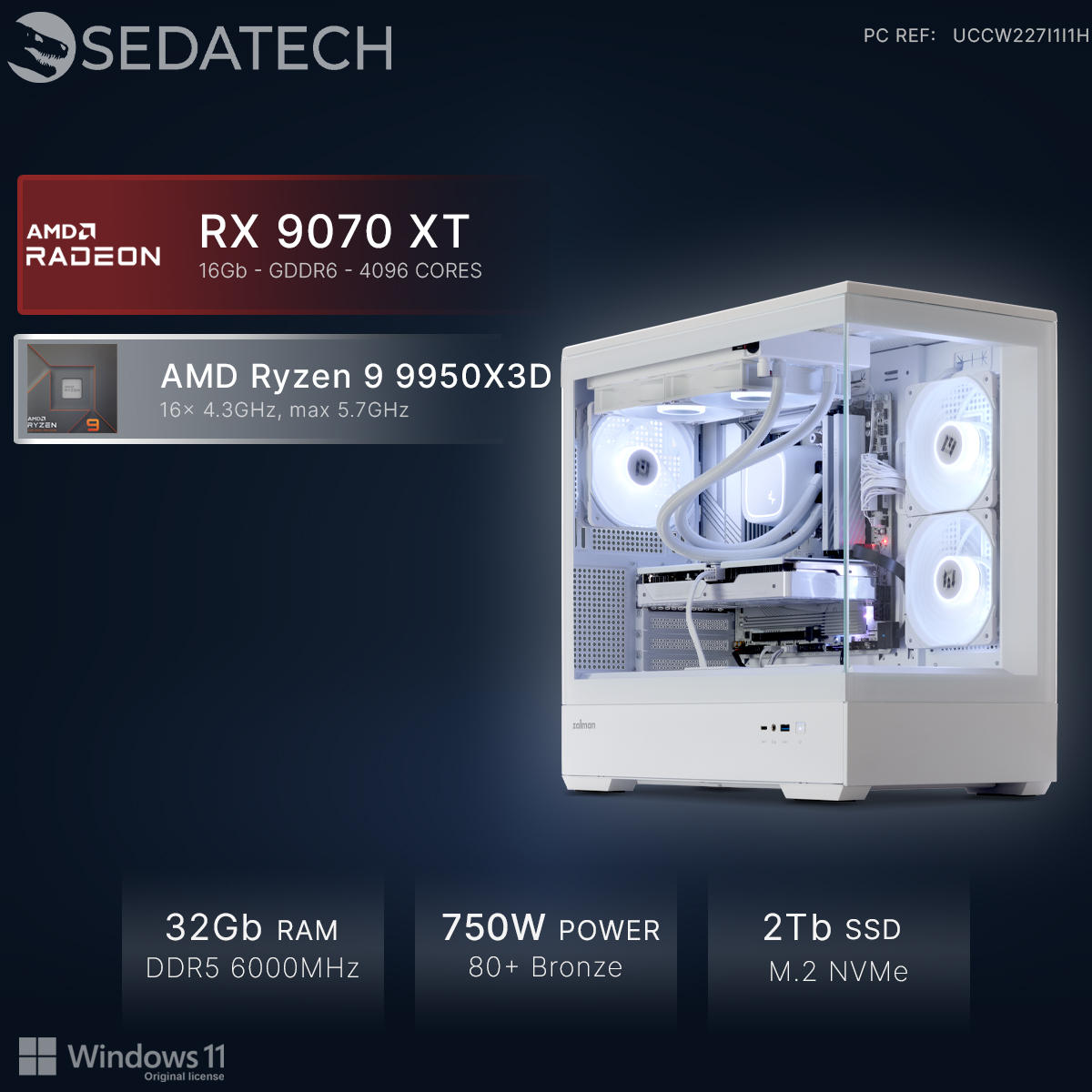 Un PC bianco con illuminazione RGB, CPU AMD Ryzen 9 e GPU RX 9070 XT.
