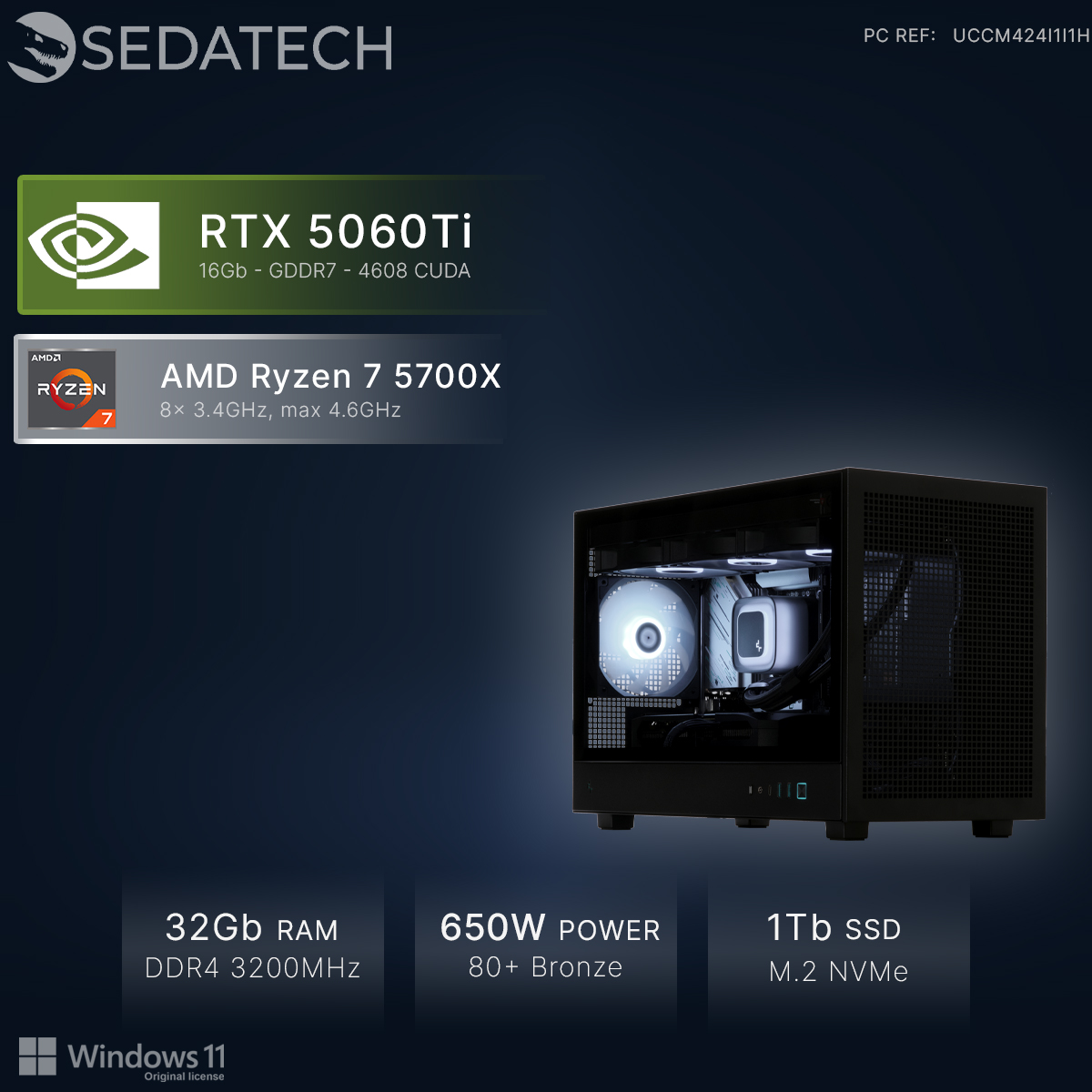 Een zwarte PC met RTX 5060Ti, Ryzen 7, 32GB RAM, 650W voeding & 1TB SSD.