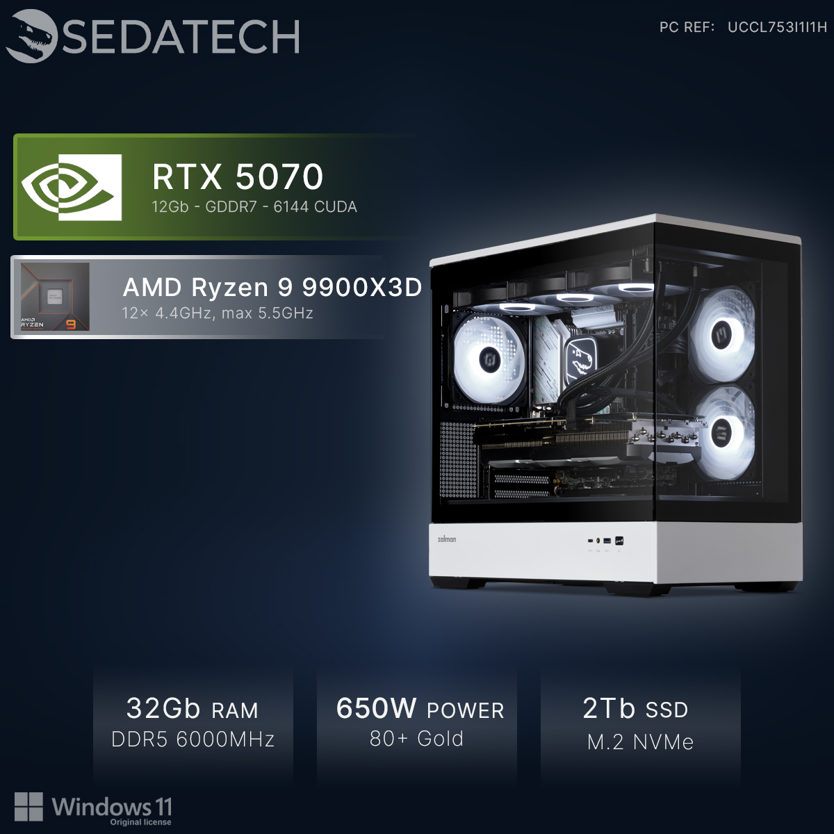Un PC avec RTX 5070, Ryzen 9, 32Go RAM, alimentation 650W, SSD 2To.