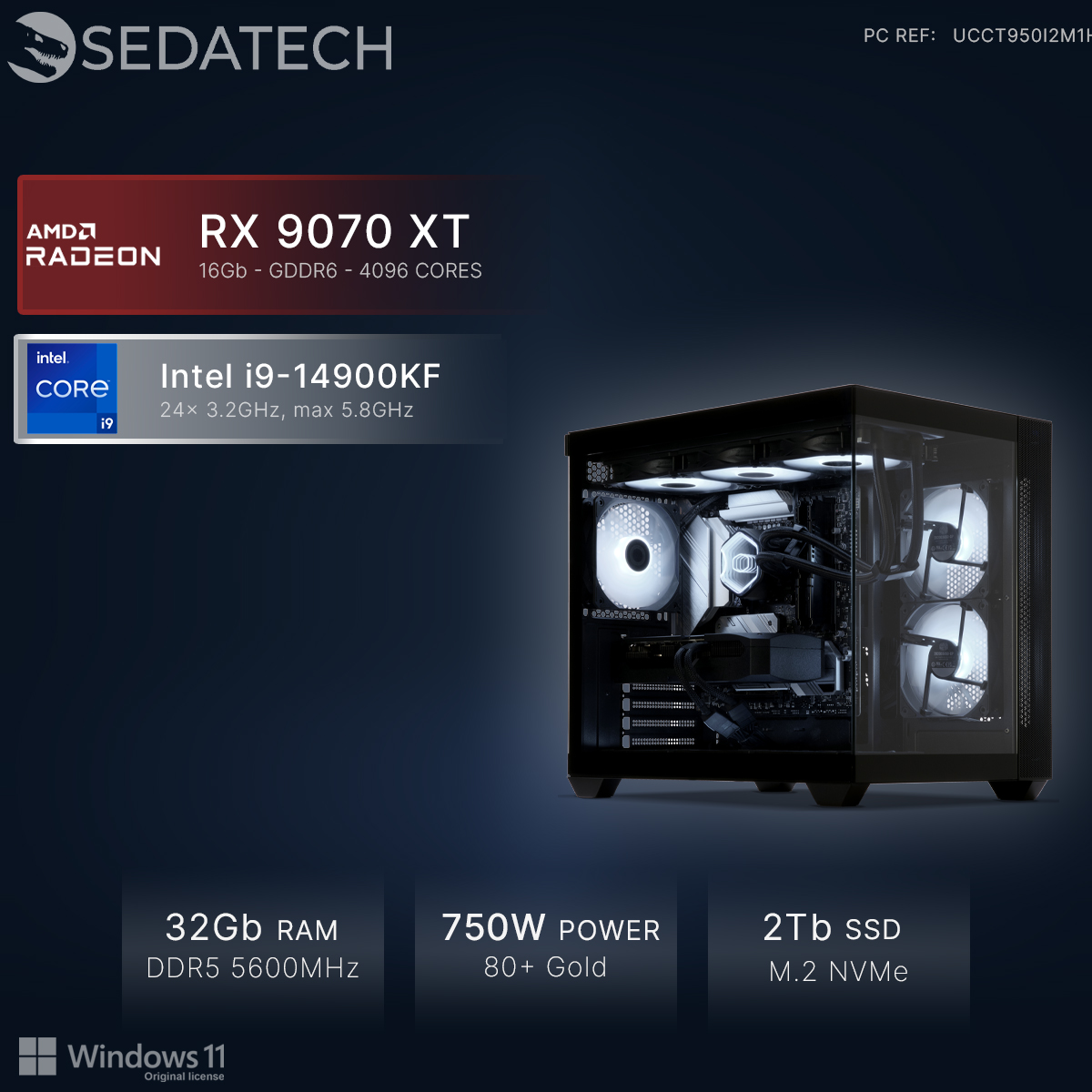 Un PC moderno con ventole RGB, AMD RX 9070 XT e Intel i9-14900KF.