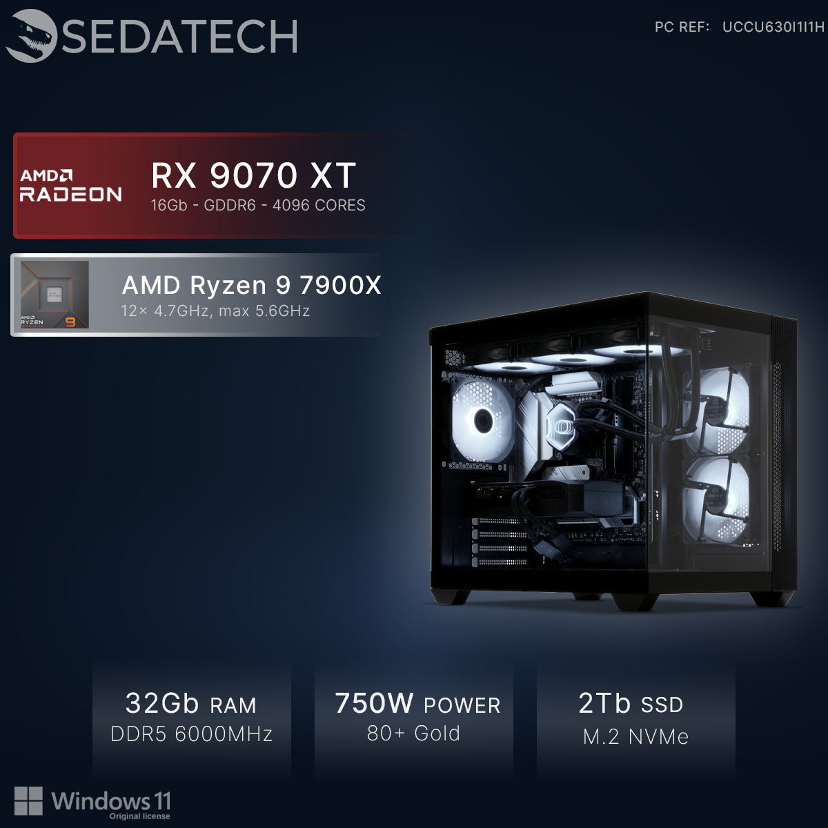 Een krachtige pc met AMD Ryzen 9 en RX 9070 XT, 32 GB RAM, 750W voeding.
