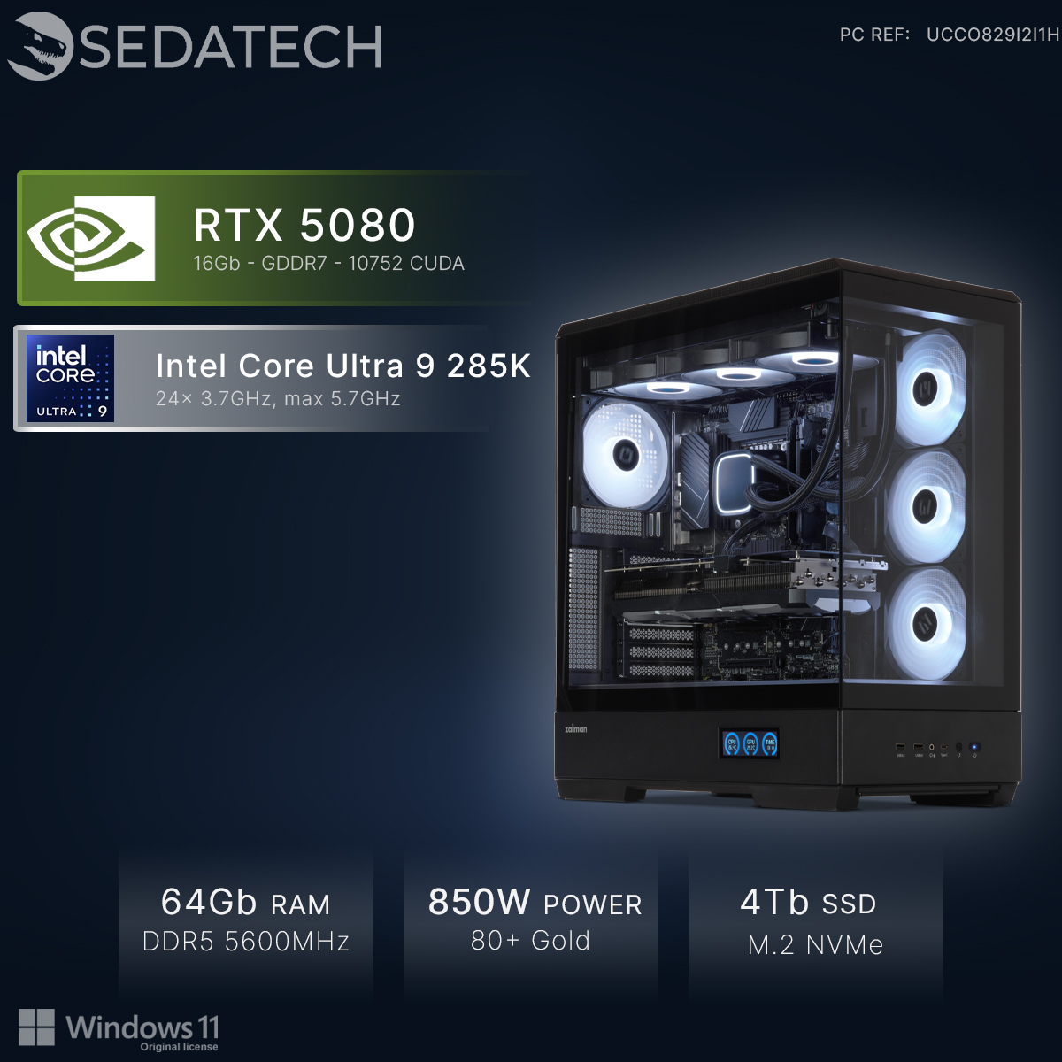 Una torre de PC negra con ventiladores iluminados, RTX 5080, Intel Core Ultra 9.