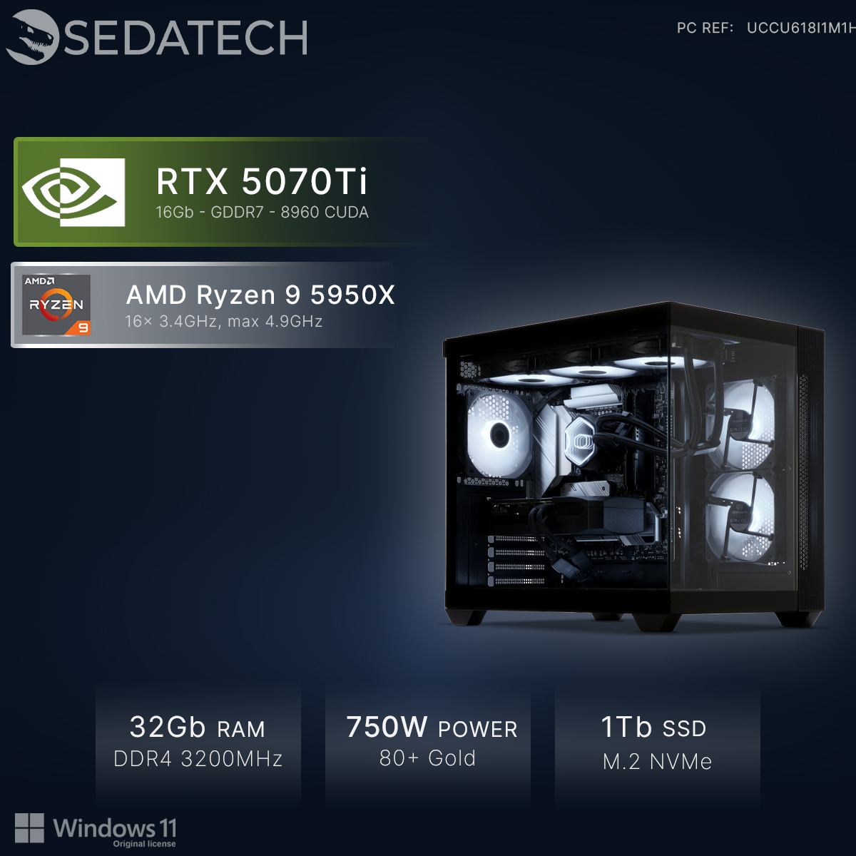 Un PC gaming con RTX 5070Ti, Ryzen 9, 32GB RAM, alimentatore 750W e SSD 1TB.