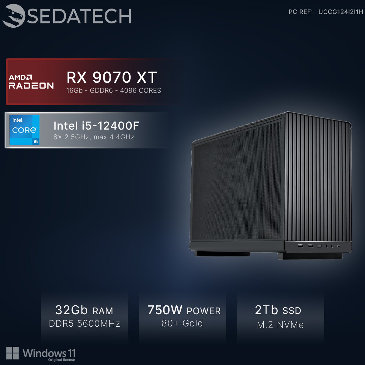 Czarna obudowa komputera z AMD Radeon RX 9070 XT i Intel i5-12400F.