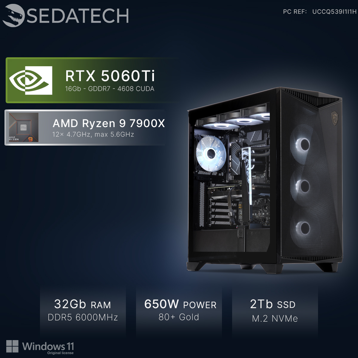 Een zwarte gaming-pc met RTX 5060Ti, Ryzen 9, 32GB RAM, 650W voeding en 2TB SSD.