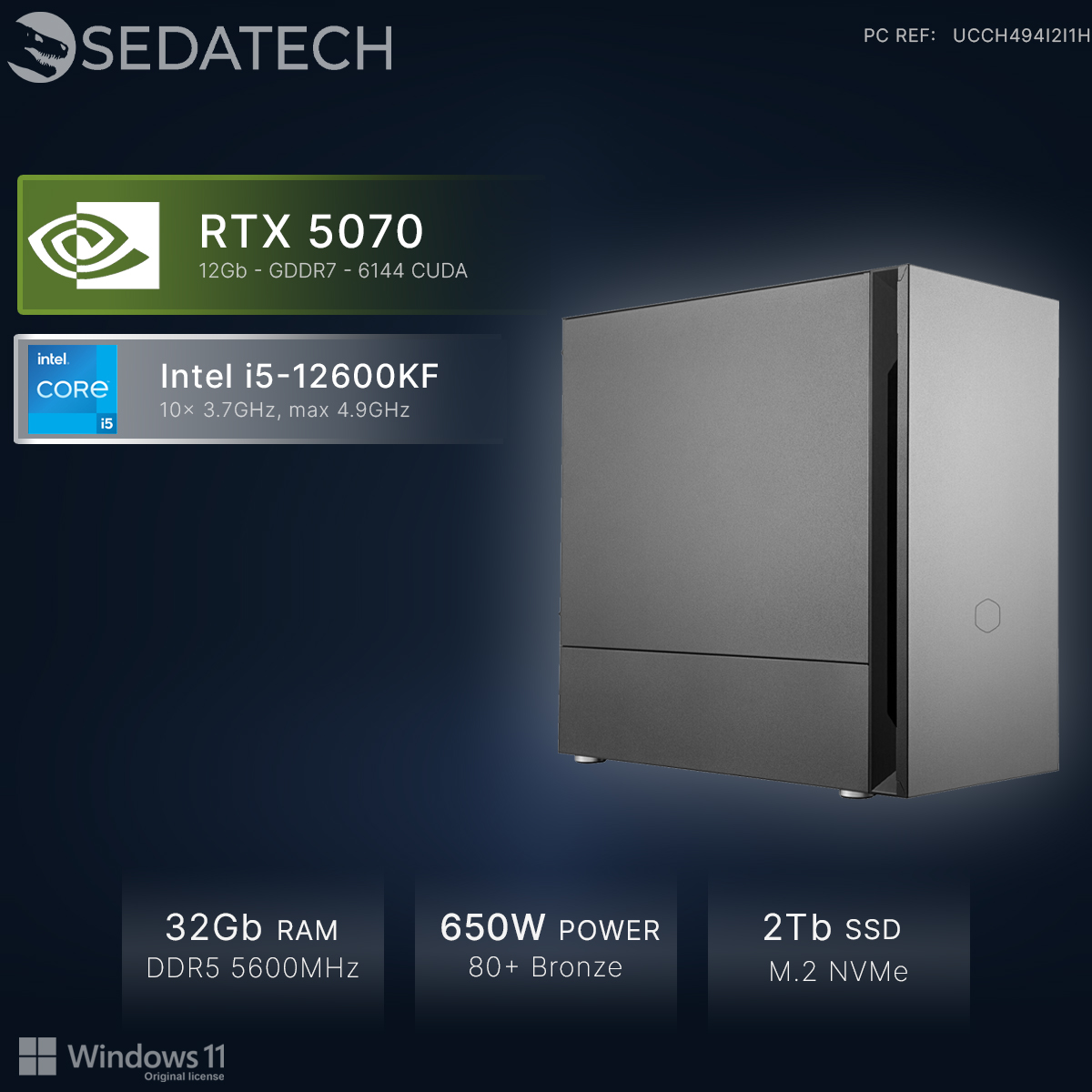 Een grijze pc-toren met RTX 5070, Intel i5-12600KF, 32GB RAM, 650W voeding, 2TB SSD.