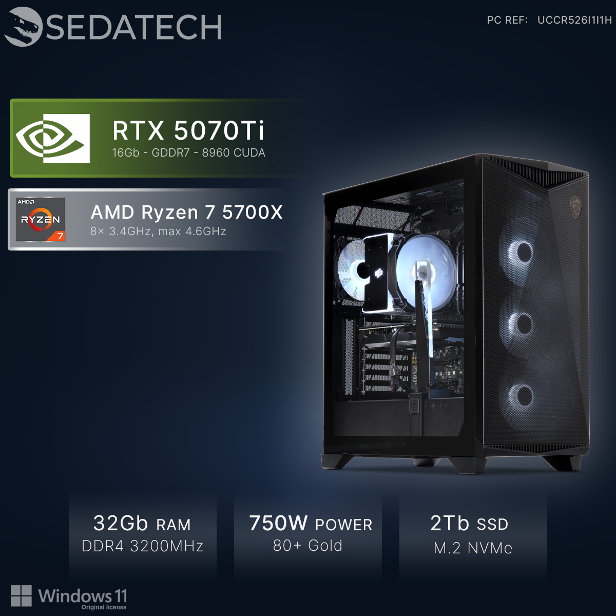 PC z RTX 5070Ti, Ryzen 7 5700X, 32GB RAM, 750W, SSD 2TB.