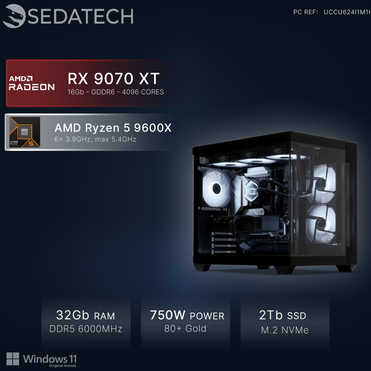 Un PC potente con AMD Ryzen 5 9600X, RX 9070 XT, 32 GB di RAM.