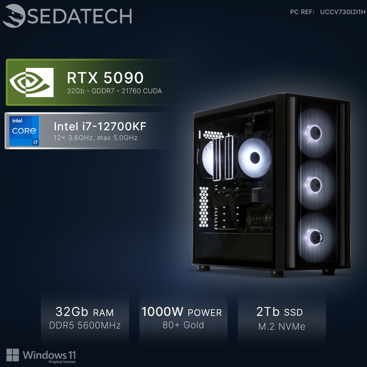 Een krachtige pc met Intel i7, RTX 5090, 32GB RAM en 2TB SSD.