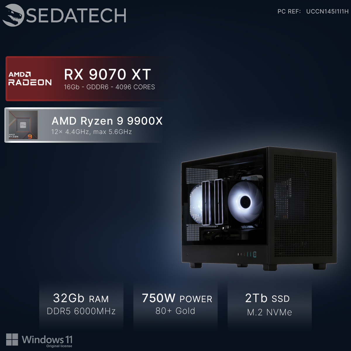 Un PC avec AMD Ryzen 9 9900X, RX 9070 XT, 32Go RAM, alimentation 750W.