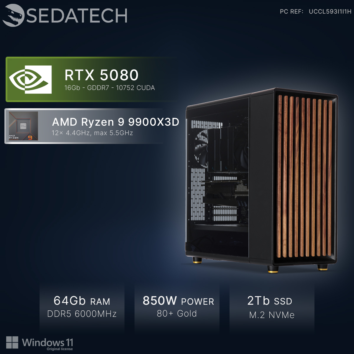 PC avec RTX 5080, Ryzen 9 9900X3D, 64 Go RAM, PSU 850W et SSD 2 To.
