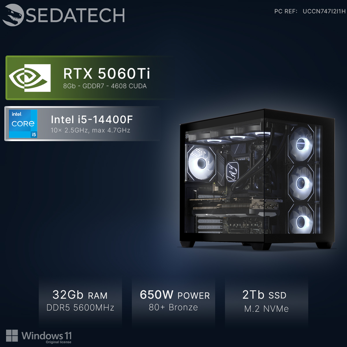 Ein Gaming-PC mit Intel i5-14400F, RTX 5060Ti, 32GB RAM, 650W Netzteil.