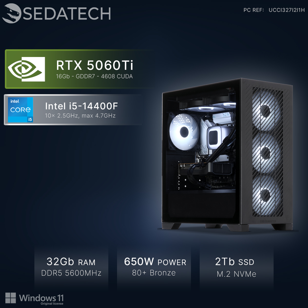 PC Gamer con RTX 5060Ti, Intel i5-14400F, 32 GB RAM, 2 TB SSD.