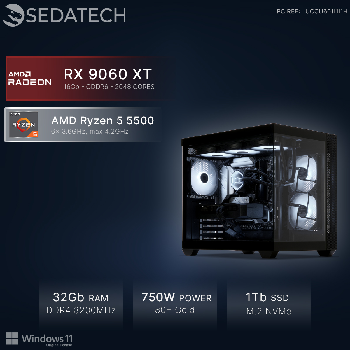 PC con AMD Ryzen 5 5500, RX 9060 XT, 32GB RAM, PSU 750W, SSD 1TB.