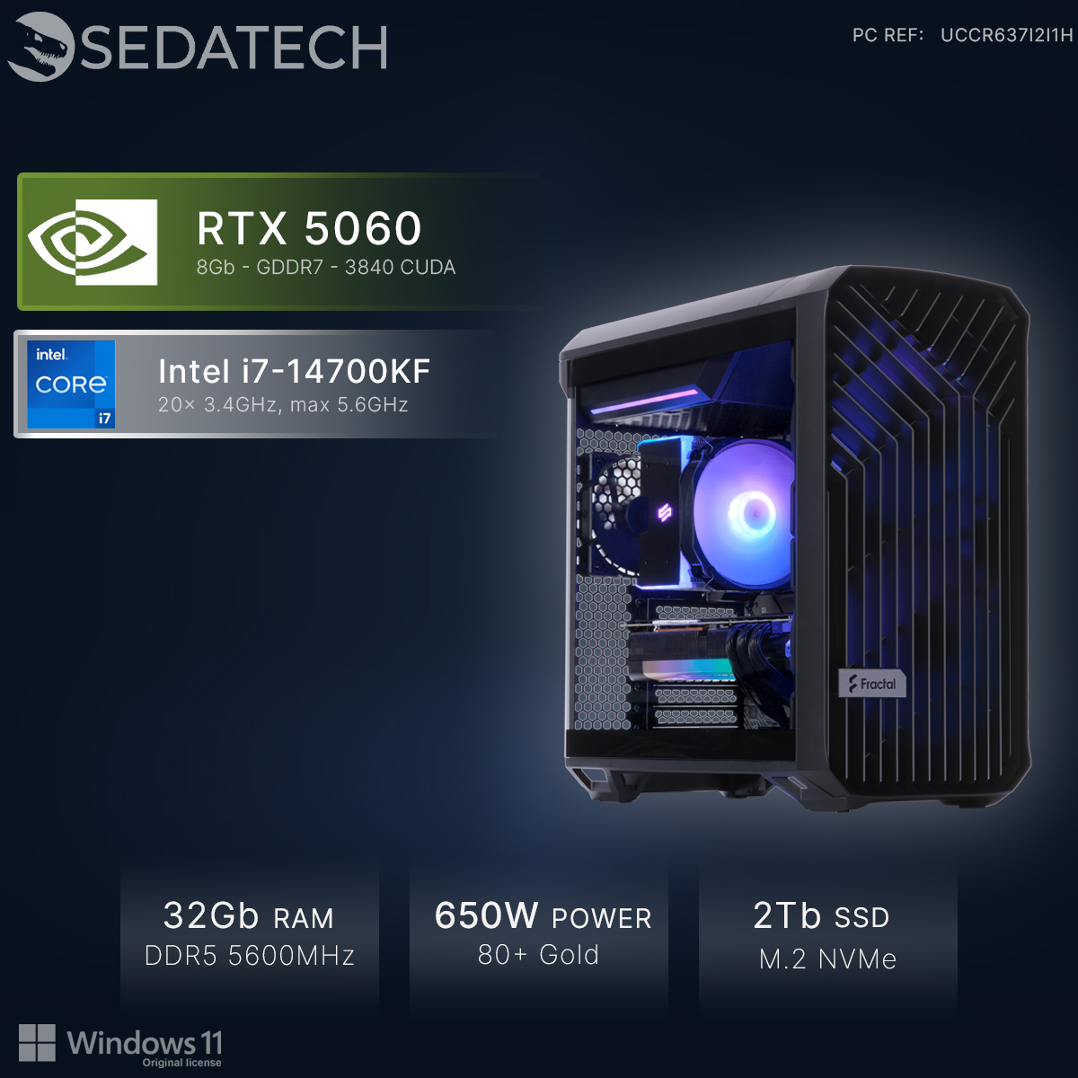 PC mit Intel i7, RTX 5060, 32GB RAM, 2TB SSD, beleuchtet.
