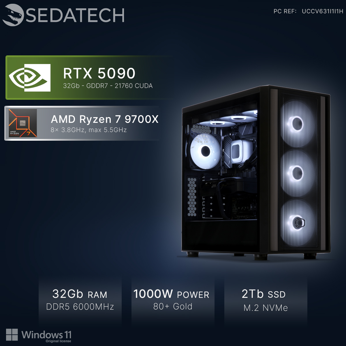 Un PC da gaming con RTX 5090, Ryzen 7 9700X, 32GB RAM, PSU 1000W.