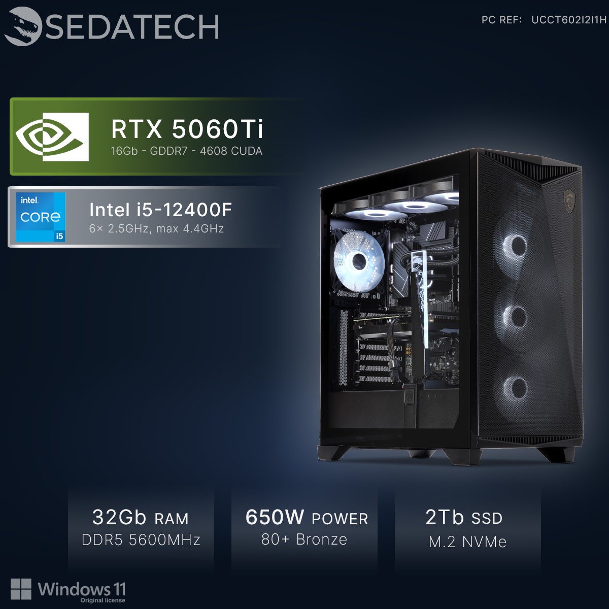 Ein schwarzer Gaming-PC mit RTX 5060Ti, Intel i5-12400F, 32GB RAM.