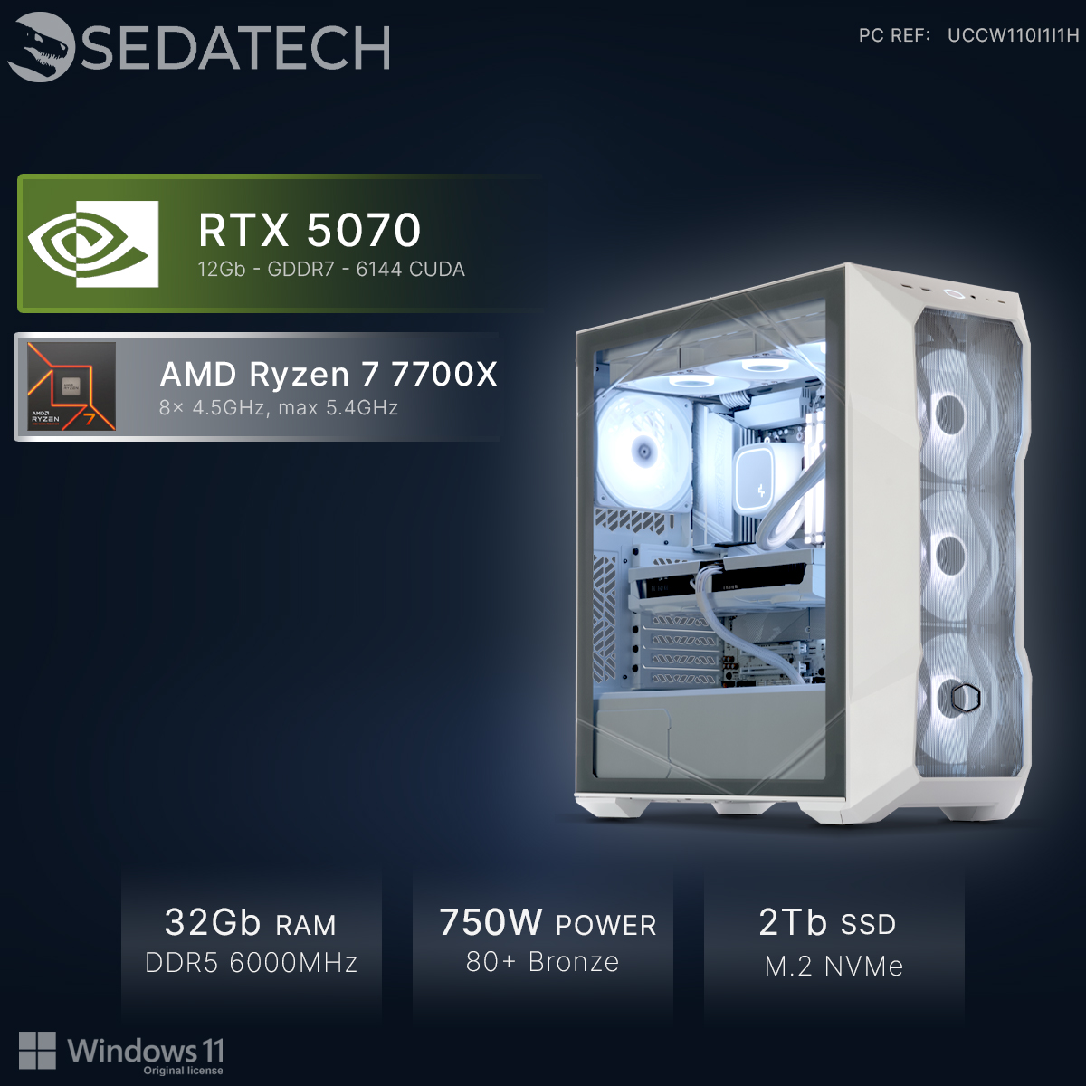 PC bianco con ventole RGB, RTX 5070, Ryzen 7, 32GB RAM, alimentatore 750W, SSD 2TB.